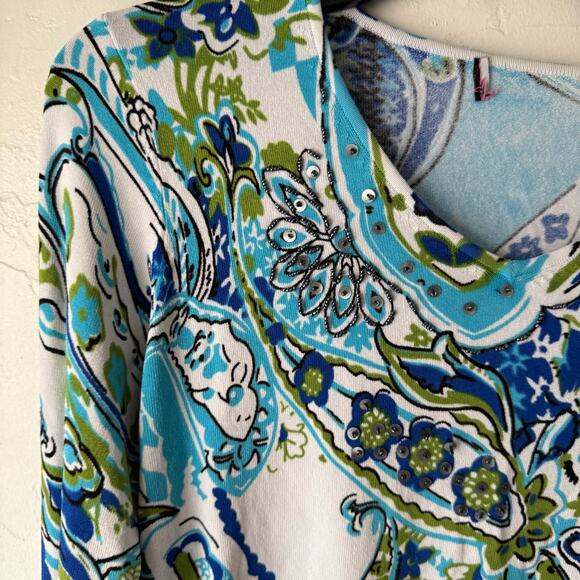 Women's Medium Y2k Retro Blue Green Floral Sequin Slinky Beaded Long Slv Blouse‎ - Picture 4 of 7